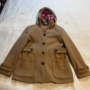 Gap Beige Button Up Detachable Hood Mid Length Pea Coat Women’s Large Pockets